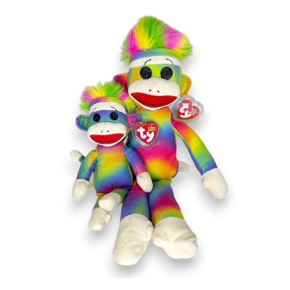 Socks the Sock Monkey Ty Buddy & Baby | Colorful Monkeys | Mint Heart Tags
